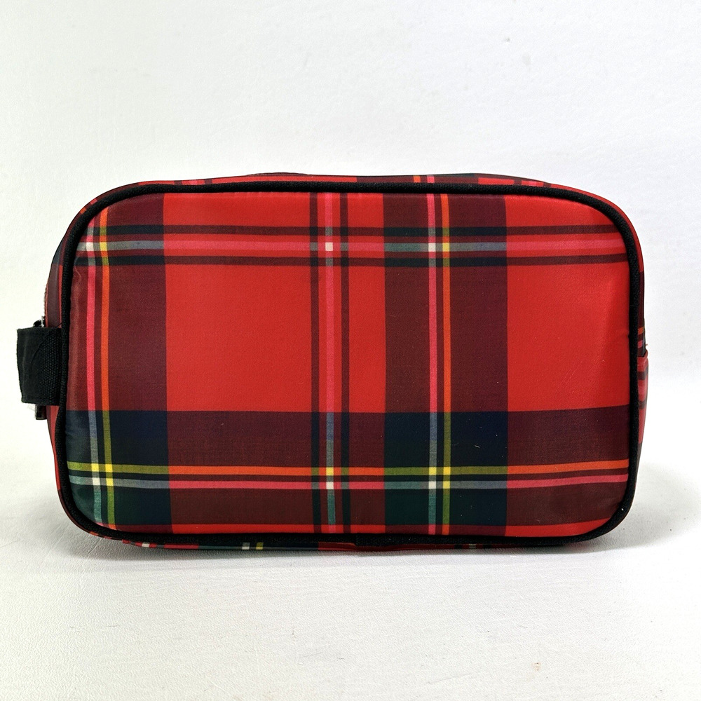 Avon Makeup Case Red Plaid Dopp Kit Zipper Top Nylon Water Resistant Handle